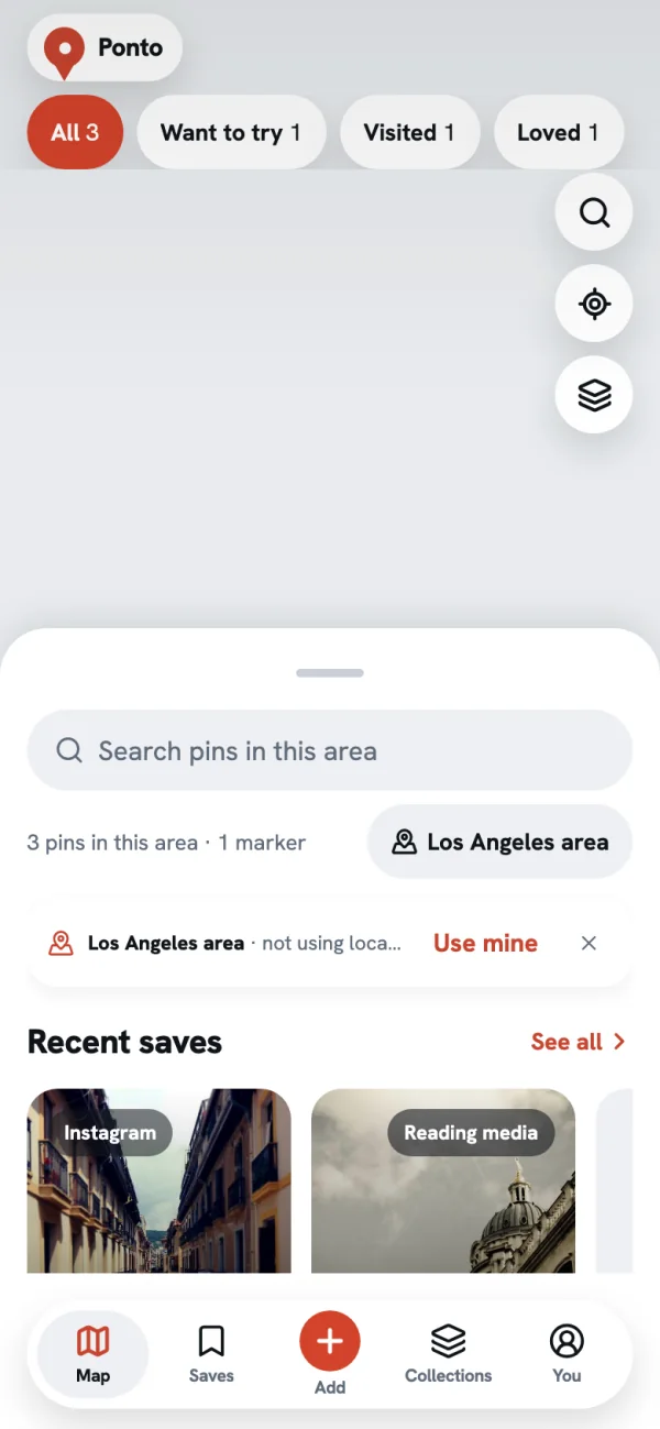 Ponto map screen with Want to try, Visited and Loved filters, a search bar, and a row of recent saves with photos.