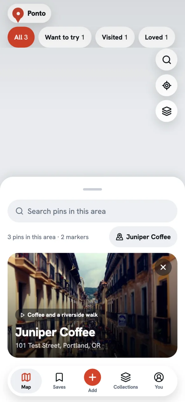 A pin opened on the Ponto map: a photo card for Juniper Coffee with the caption of the post it was saved from and its address.