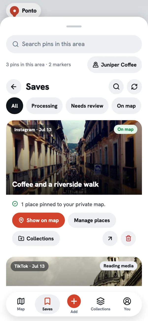 The Saves screen in Ponto listing an Instagram save marked On map with Show on map, Manage places and Collections buttons.